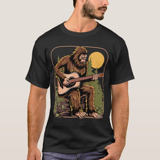 Retro Bigfoot Sasquatch Acoustic Gitarre spielen T-Shirt (Vorderseite)