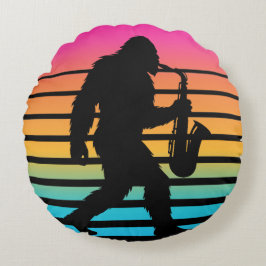 Retro Bigfoot Saxophon Sonnenuntergang Rundkissen Rundes Kissen