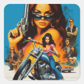 Retro-Biker-Mädchen Quadratischer Aufkleber (Vorderseite)