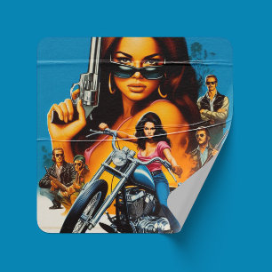 Retro-Biker-Mädchen Quadratischer Aufkleber