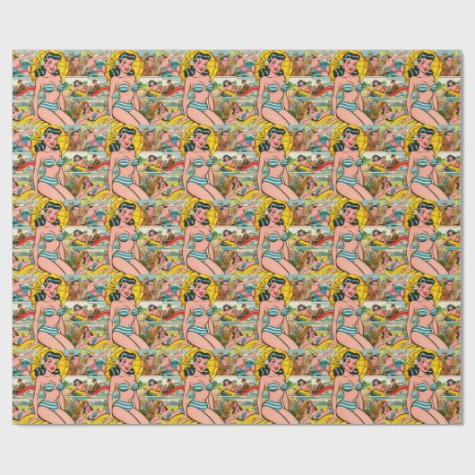 Retro Bikini Girl Summer Comic Geschenkpapier (Flach)