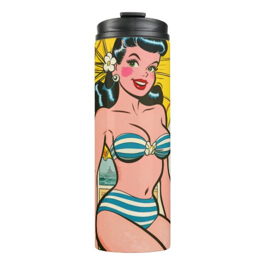 Retro Bikini Girl Summer Comic Thermosbecher (Vorderseite)