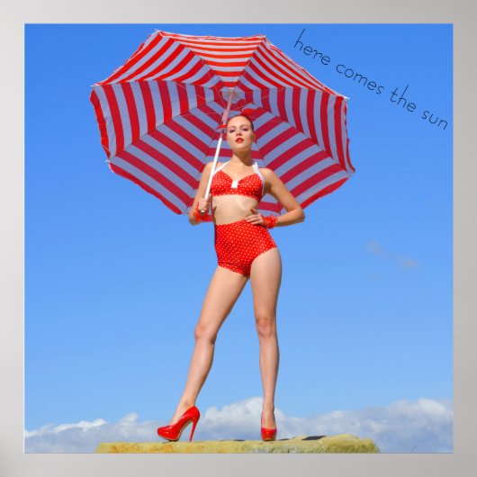 Retro-Bikini-Modell/Rotstreifen-Sonnenschirm Poster (Vorne)