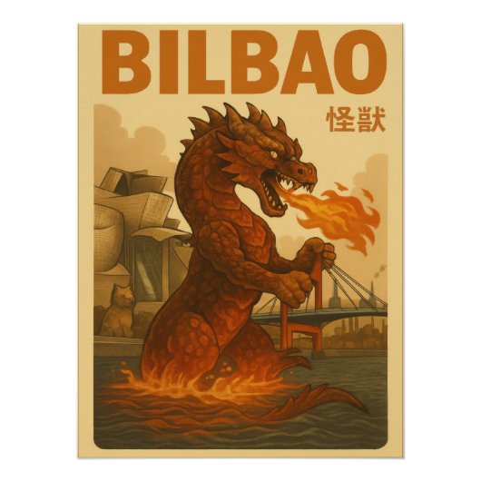 Retro Bilbao Travel Poster - Spanish Kaiju Monster (Vorderseite)