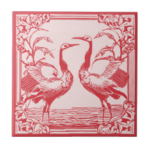 Retro Birds two Cranes Red Art Deco Jugendstil