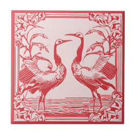 Retro Birds two Cranes Red Art Deco Jugendstil Fliese