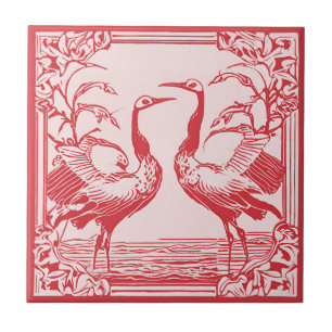Retro Birds two Cranes Red Art Deco Jugendstil Fliese