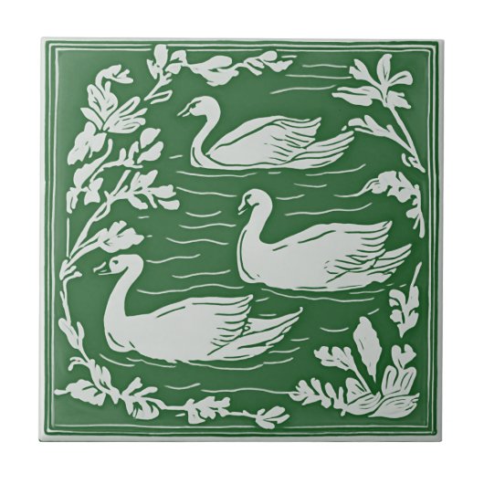 Retro Birds Vintag Grüne Jugendstil Swans Fliese (Vorderseite)