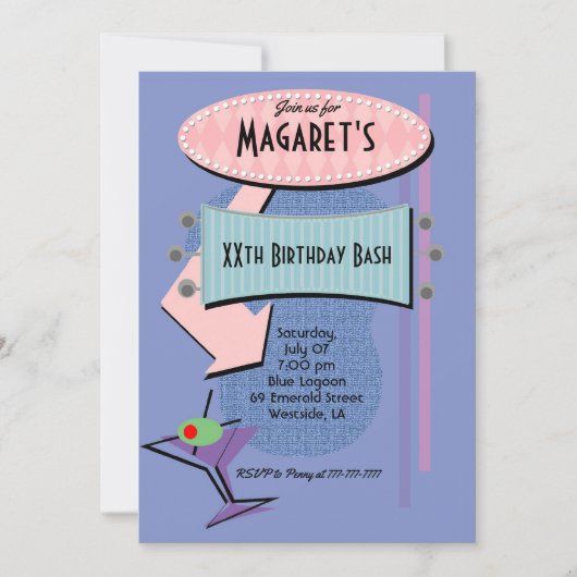 Retro Birthday Cocktail Party Einladung (Vorderseite)