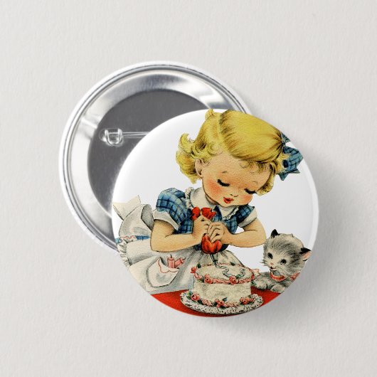 Retro Birthday Girl Cake Cat Artwork Button (Vorne & Hinten)