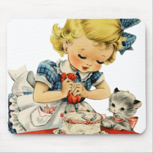 Retro Birthday Girl Cake Cat Artwork Mousepad