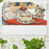 Retro Birthday Girl Cake Cat Children Artwork Geschirrtuch (Gefaltet)