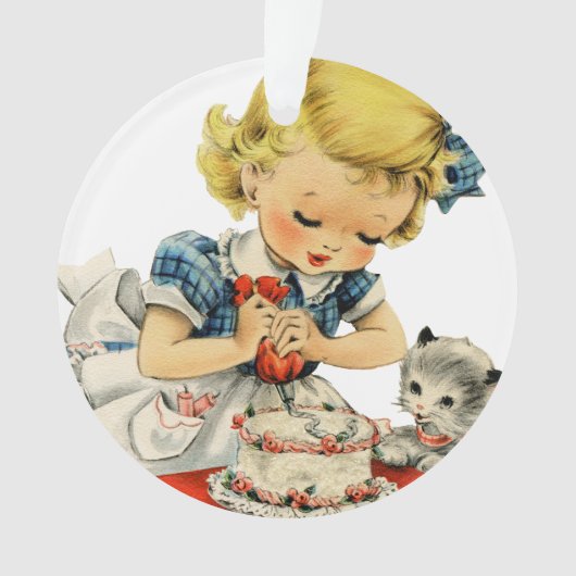 Retro Birthday Girl Cake Cat Children Artwork Ornament (Vorderseite)