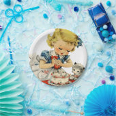 Retro Birthday Girl Cake Cat Children Artwork Pappteller (Party)