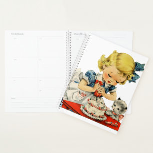 Retro Birthday Girl Cake Cat Children Artwork Planer