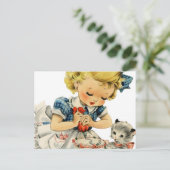 Retro Birthday Girl Cake Cat Children Artwork Postkarte (Stehend Vorderseite)