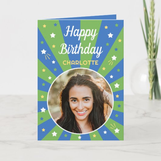 Retro Birthday Individuelle Name 2 Foto Blau grün Karte (Vorderseite)