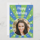 Retro Birthday Individuelle Name 2 Foto Blau grün Karte (Vorderseite)