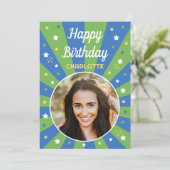 Retro Birthday Individuelle Name 2 Foto Blau grün Karte (Stehend Vorderseite)