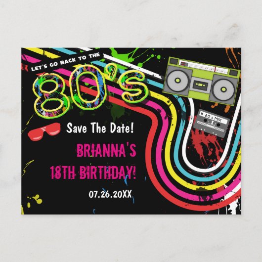 Retro Birthday Party der 80er Jahre Save the Date Ankündigungspostkarte (Vorderseite)