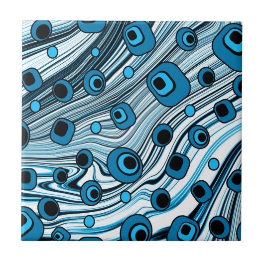 Retro Black and Blue Wavy Niedlich und Groovy Art Fliese (Vorderseite)