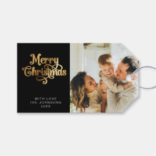 Retro Black and Gold Frohe Weihnachtsfamilie Foto Geschenkanhänger
