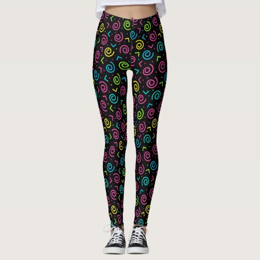 Retro Black and Neon Doodle Pattern der 80er/90er Leggings (Vorderseite)