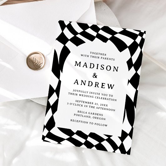 Retro Black and White Checkerboard Wedding Einladung