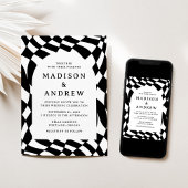Retro Black and White Checkerboard Wedding Einladung