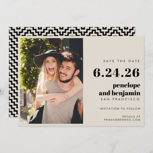 Retro Black and White Elegante Foto Wedding Save The Date (Vorne/Hinten)