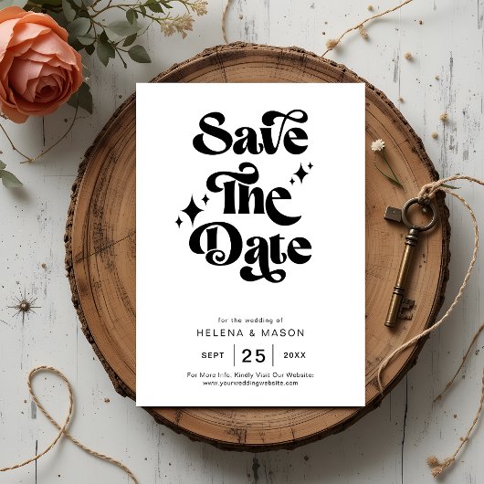 Retro Black and White Groovy Bold Script Wedding Save The Date
