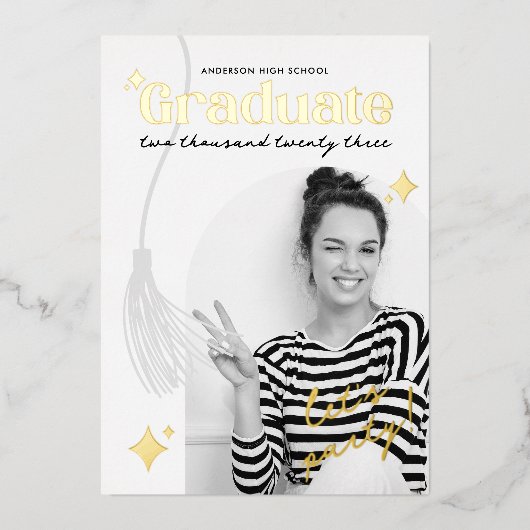 Retro Black and White Sparkle Abschluss Folieneinladung (Vorderseite)