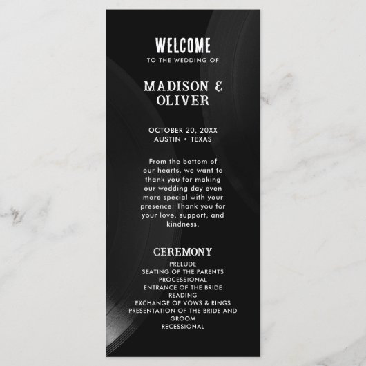 Retro Black and White Vinyl Record Hochzeitsprogra Programm (Vorderseite)