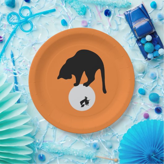 Retro Black Cat auf dem MondHalloween Pappteller (Party)