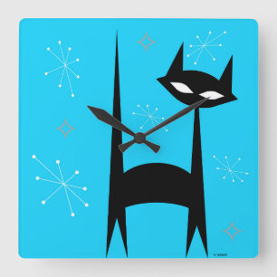 Retro Black Cat Blue Pop Art Clock Quadratische Wanduhr