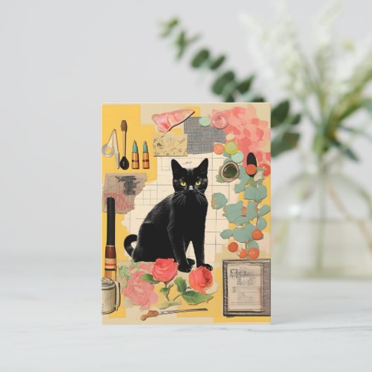 Retro Black Cat Blume Collage Postkarte (Stehend Vorderseite)