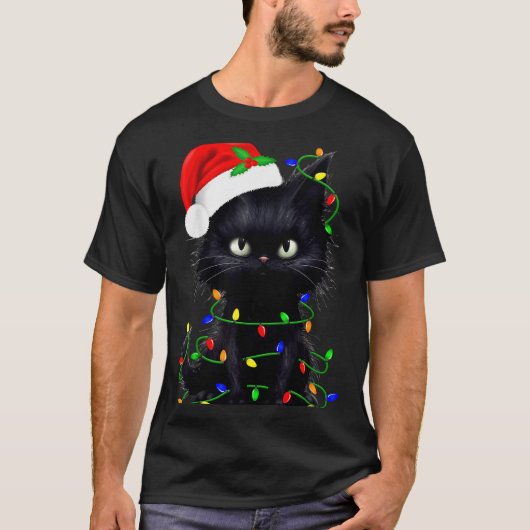 Retro Black Cat Christmas Light Funny Cat Men Wome T-Shirt (Vorderseite)
