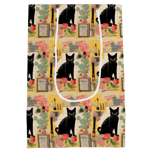 Retro Black Cat Collage Mittlere Geschenktüte (Rückseite)