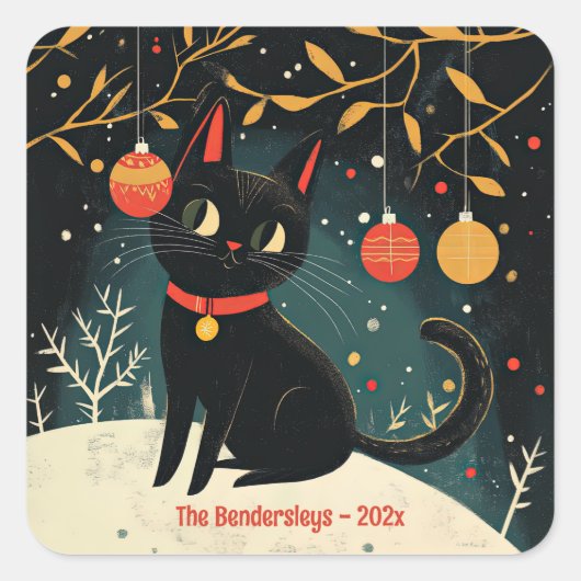 Retro Black Cat Fun Urlaub Quadratischer Aufkleber (Vorderseite)
