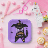 Retro Black Cat Funny Halloween Pappteller (Party)
