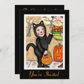Retro Black Cat Halloween Kostümeinladung Einladung (Vorne/Hinten)