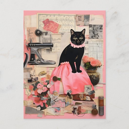 Retro Black Cat Halskette Collage Postkarte (Vorderseite)