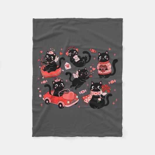 Retro Black Cat Heart Valentines Day Cute Kitten L Fleecedecke (Vorderseite)