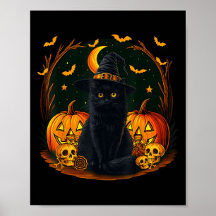 Retro Black Cat Hexe Y Halloween Pumpkin Women Me Poster