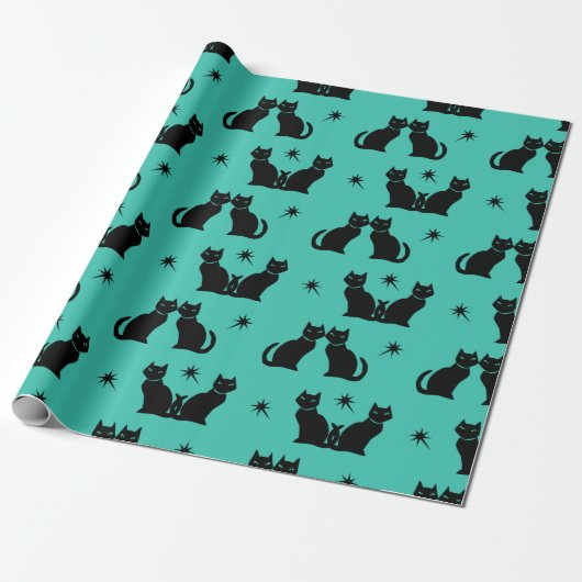 Retro Black Cat Kitty auf Aqua Packpapier (Ungerollt)