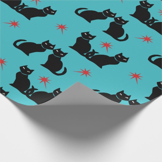 Retro Black Cat Kitty Red Stars Packpapier (Ecke)
