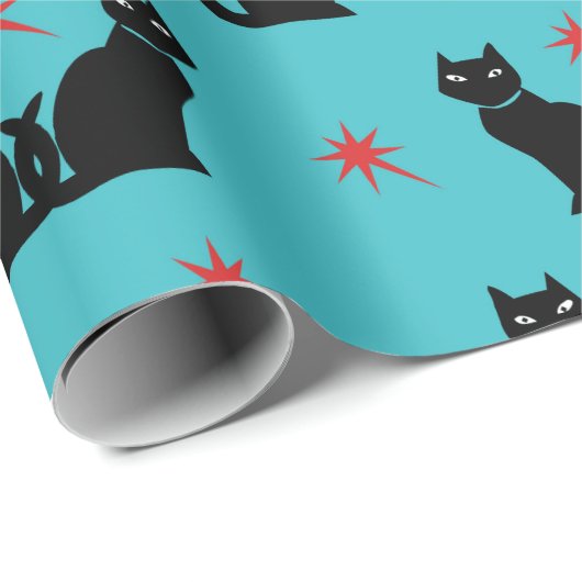 Retro Black Cat Kitty Red Stars Packpapier (Rolleneckpunkt)