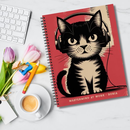 Retro Black Cat, Mastermine bei der Arbeit & Name, Notizblock