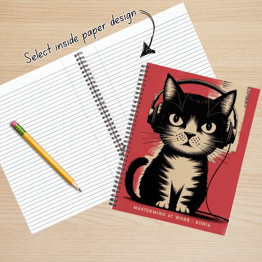 Retro Black Cat, Mastermine bei der Arbeit & Name, Notizblock