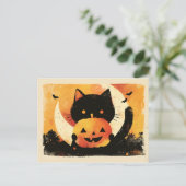 Retro Black Cat mit Jack O' Lantern Postkarte (Stehend Vorderseite)